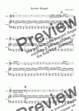 page one of Burnie's Boogie! for Easy Oboe and Piano