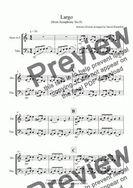 page one of Largo (from the New World Symphony) for Horn and Tuba Duet