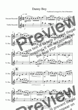 page one of Danny Boy for Descant and Treble Recorder Duet