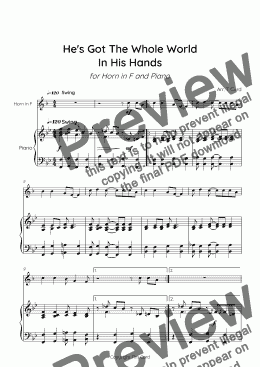 page one of He's Got The Whole World in His Hands for Horn in F and Piano