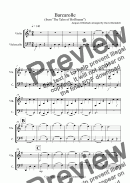 page one of Barcarolle "The Tales of Hoffmann" for Violin and Cello Duet