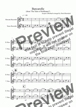 page one of Barcarolle "The Tales of Hoffmann" for Descant and Tenor Recorder Duet