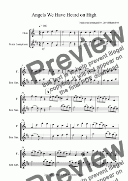 page one of Angels We Have Heard on High for Flute and Tenor Saxophone Duet