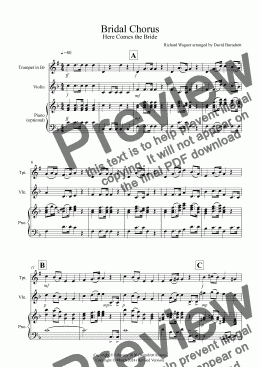 page one of Bridal Chorus "Here Comes The Bride" for Trumpet and Violin Duet