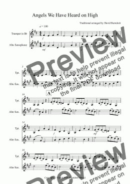 page one of Angels We Have Heard on High for Trumpet and Alto Saxophone Duet