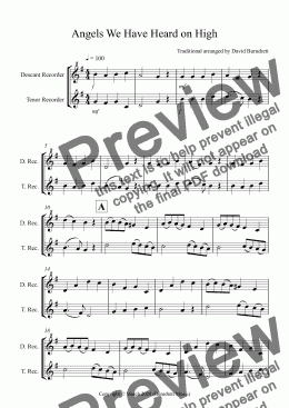 page one of Angels We Have Heard on High for Descant and Tenor Recorder Duet