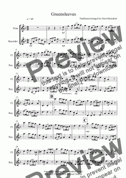 page one of Greensleeves for Flute and Recorder Duet