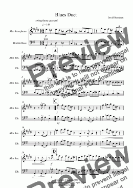 page one of Blues Duet for Alto Saxophone and Double Bass Duet