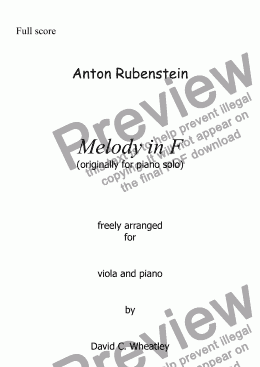 page one of Rubenstein - Melody in F arranged for viola and piano by David C Wheatley