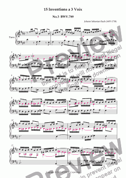 page one of Three Part Invention (Sinfonia) No.3 BWV.789 (Urtext/second part notes colored)