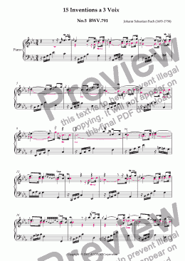 page one of Three Part Invention (Sinfonia) No.5 BWV.791 (Urtext/second part notes colored)