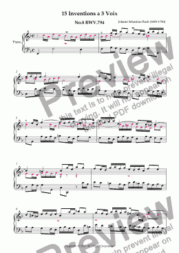 page one of Three Part Invention (Sinfonia) No.8 BWV.794 (Urtext/second part notes colored)