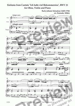 page one of Sinfonia from Cantata "Ich hatte viel Bekummerniss", BWV 21 for Oboe, Violin and Piano