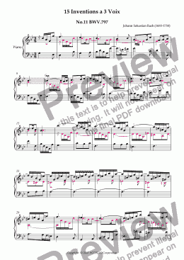 page one of Three Part Invention (Sinfonia) No.11 BWV.797 (Urtext/second part notes colored)