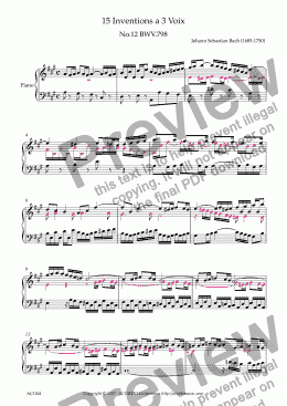 page one of Three Part Invention (Sinfonia) No.12 BWV.798 (Urtext/second part notes colored)
