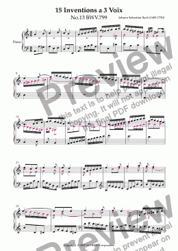 page one of Three Part Invention (Sinfonia) No.13 BWV.799 (Urtext/second part notes colored)