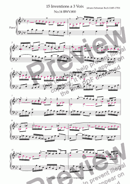 page one of Three Part Invention (Sinfonia) No.14 BWV.800 (Urtext/second part notes colored)