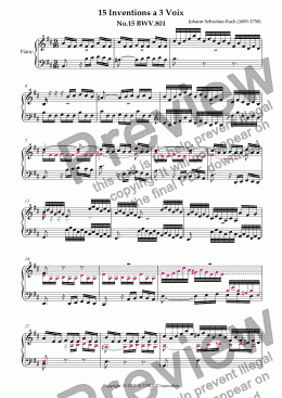 page one of Three Part Invention (Sinfonia) No.15 BWV.801 (Urtext/second part notes colored)