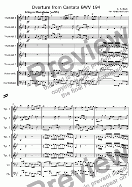 page one of Overture from Cantata BWV 194 for Six Trumpets