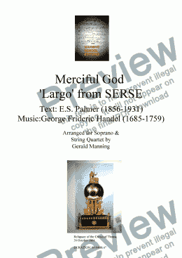 page one of Reliquary of Sacred Music - Handel, G. - Merciful God 'Largo' from Serse - for Soprano & String Quartet arr. by Gerald Manning