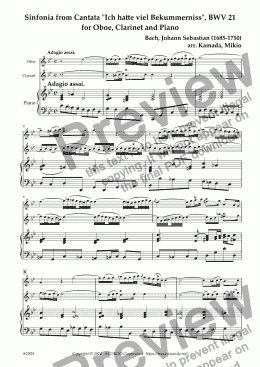 page one of Sinfonia from Cantata "Ich hatte viel Bekummerniss", BWV 21 for Oboe, Clarinet and Piano