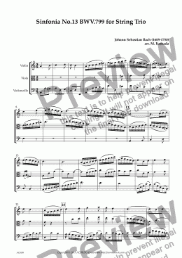 page one of Sinfonia No.13 BWV.799 for String Trio