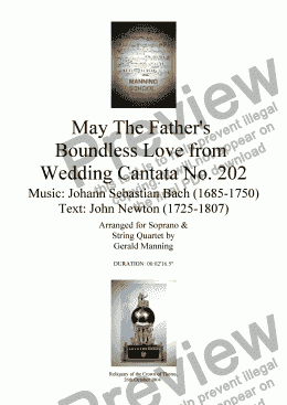 page one of Reliquary of Sacred Music - Bach, J.S.- MayThe Father's Boundless Love from Wedding Cantata 202 - arr. for Soprano & String Quartet  by Gerald Manning