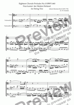 page one of Eighteen Chorale Preludes No.10 BWV.660 Nun komm’ der Heiden Heiland. for String Trio (Viola & 2 Cellos)