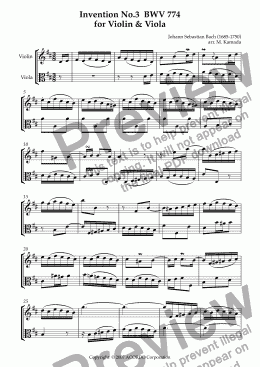 page one of Invention No.3 BWV 774 for Violin & Viola