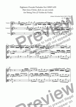 page one of Eighteen Chorale Preludes No.5 BWV.655 Herr Jesu Christ, dich zu uns wend. for String Trio (2 Violins & Viola)