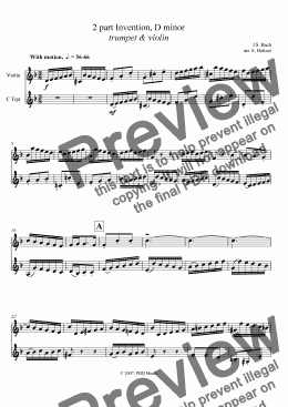 page one of Bach 2 part Invention, D minor (trumpet & violin)