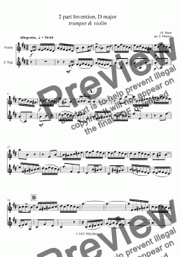 page one of Bach 2 part Invention, D major (trumpet & violin)