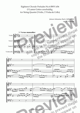 page one of Eighteen Chorale Preludes No.6 BWV.656 O Lamm Gottes unschuldig. for String Quartet (Violin, 2 Violas & Cello)