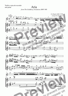 page one of Goldberg variations BWV 988 - Aria, for treble recorder and guitar