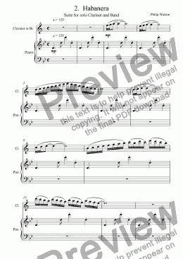 page one of Habanera - From Suite for Clarinet and Band (piano accom)