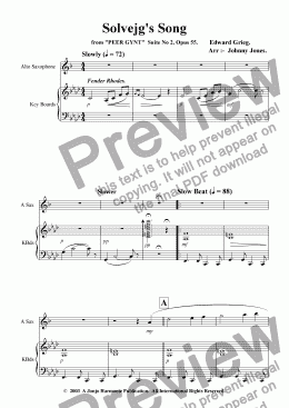 page one of Solveg's Song   ( Slow Beat and Jazz Waltz, Alto Sax and Piano )