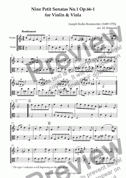 page one of Nine Petit Sonatas No.1 Op.66-1 for Violin & Viola
