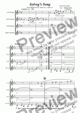page one of Solveg’s Song   (Clarinet Quartet)