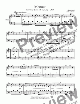 page one of Menuet by Boccherini for easy piano solo