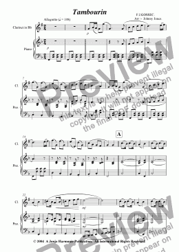 page one of Tambourin   (Gossec, Bb Clarinet and Piano)