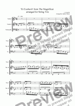 page one of ’Et Exultavit’ from the Magnificat for String Trio (2 Violins & Cello)