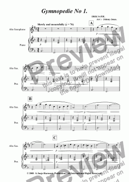 page one of Gymnopedie No 1.   (Alto Saxophone and Piano)
