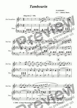 page one of Tambourin   (Gossec's,  Alto Sax and Piano)