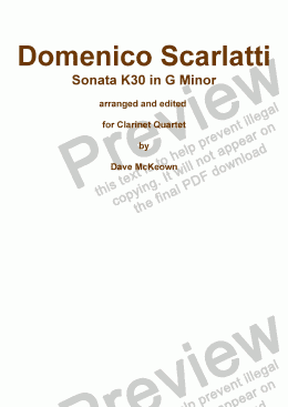 page one of Scarlatti ’The Cat’ Sonata K30 for Clarinet Quartet