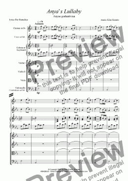 page one of Anya's Lullaby for string quartet, clarinet (voice) and celesta