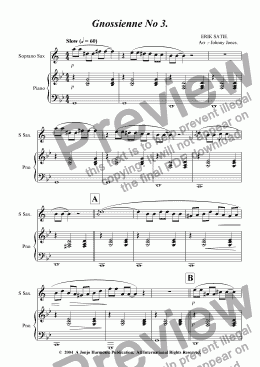 page one of Gnossienne No 3.   (Soprano Sax and Piano)