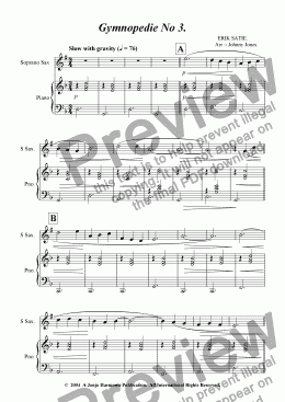 page one of Gymnopedie No 3.   (Soprano Sax and Piano)