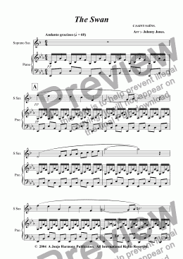 page one of Swan from Carnivale of the Animals The  (Soprano Sax and Piano)