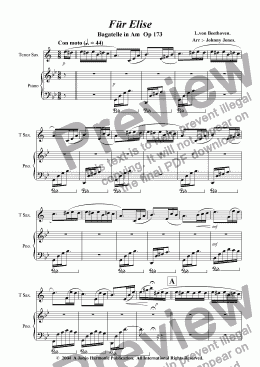 page one of Fur Elise  (from Bagatelle in Am Op. 173. (Tenor Sax and Piano)