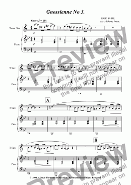 page one of Gnossienne No 3.   (Tenor Sax and Piano)